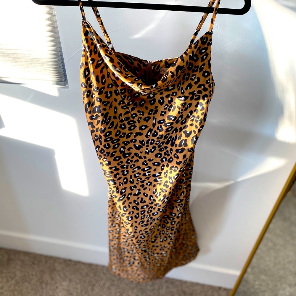 Strappy leopard draped cowl neck dress